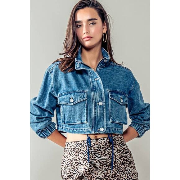 Urban Daizy Utility Cropped Drawstring Hem Stand Collar Denim Jacket - Picture 11 of 16